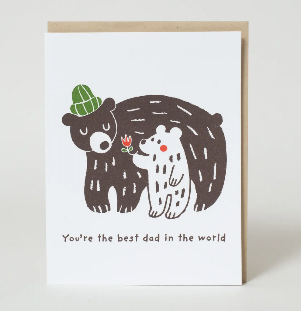 Illustrated greeting card featuring an adorable illustration of a papa ear with a baby bear that reads "You're the best dad in the world" 
