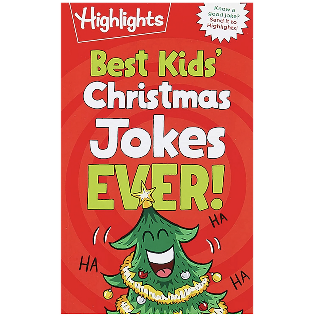 Illustrated cover of Highlights Best Kids' Christmas Jokes Ever! with a Christmas tree laughing. 