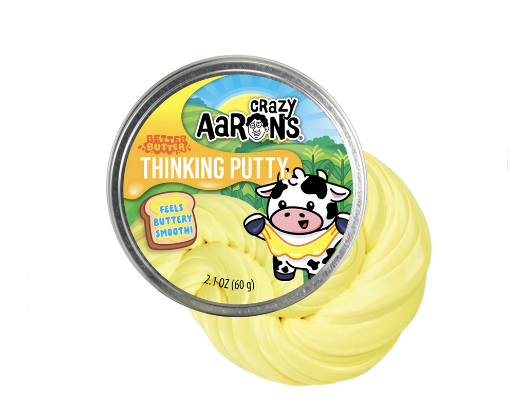 Silver tin of Better Butter Thinking Putty on a white background.