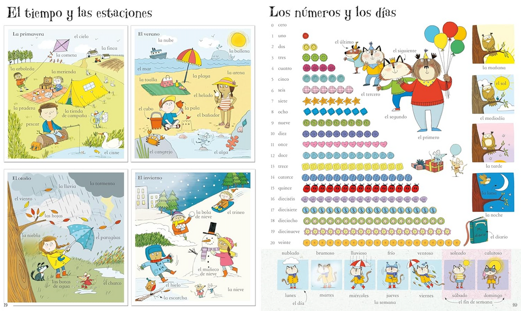 Interior pages from "Big Book of Spanish Words" with illustrated panels of seasonal weather and numbers with Spanish words. 