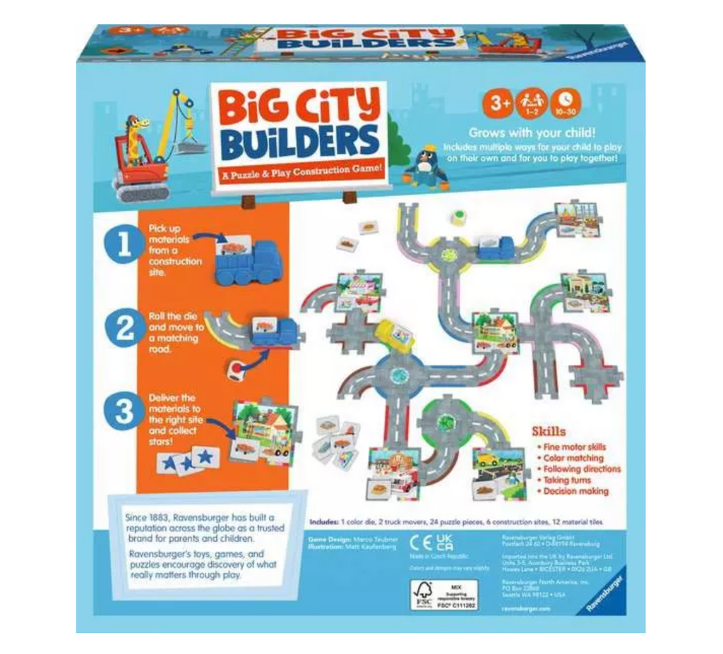 Back of Big City Builders box explains game play and gives examples of how pieces fit together.