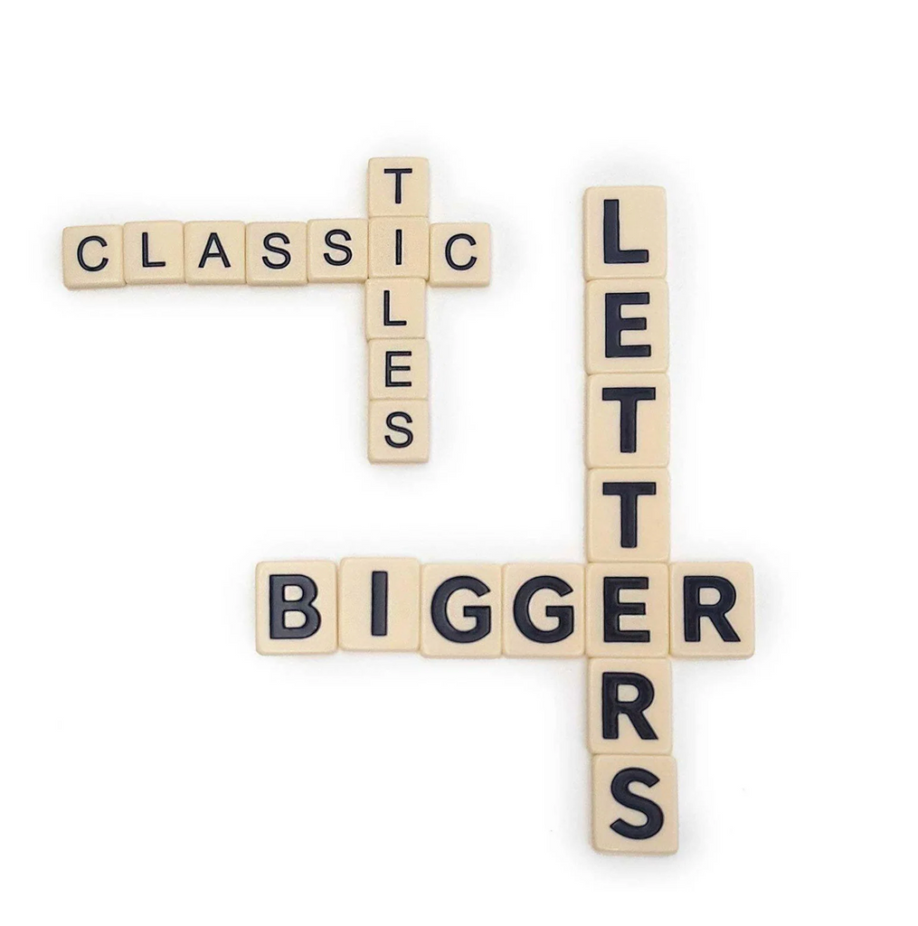 Bananagrams classic word tiles besdie the tiles from Big Letter Bananagrams to show difference in size. 