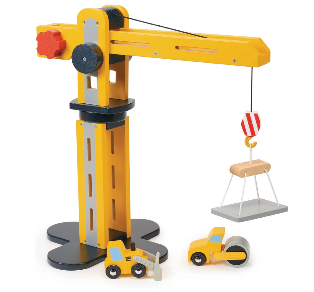Wooden toy crane set with construction vehicles on a white background. 