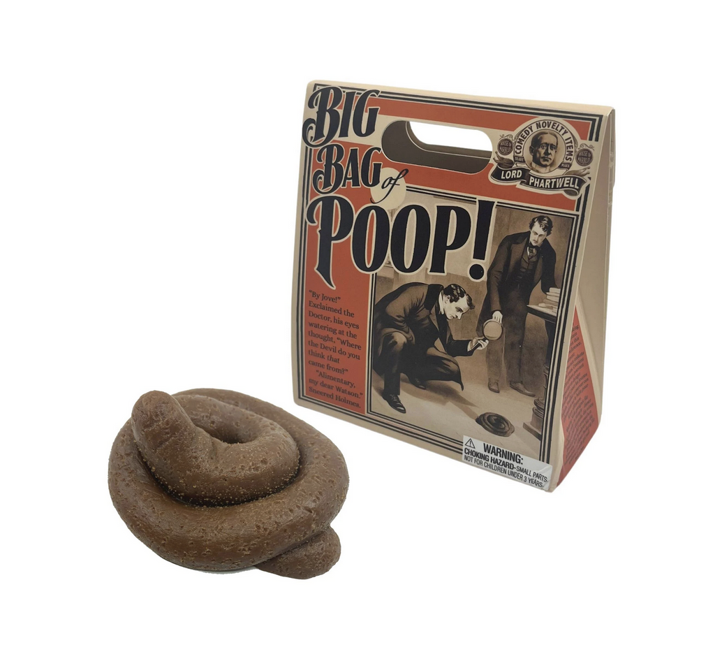 Fake poop practical joke that comes in a bag with antique style graphics , that reads "Big, Bag of Poop!"