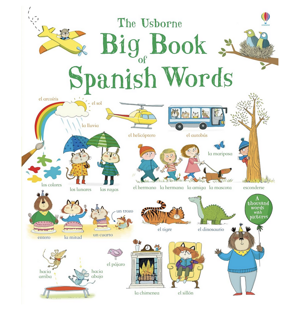 Cover of "Big Book of Spanish Words" with different illustrations of kids in everyday life and the corresponding Spanish words. 