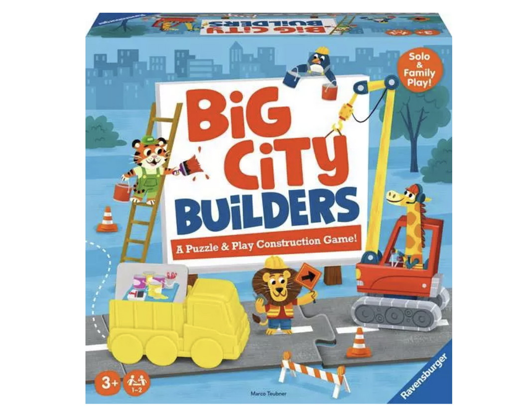 Big City Builders game box has illustrations of a lion giraffe, tiger, and penguin construction workers building a puzzle piece city.