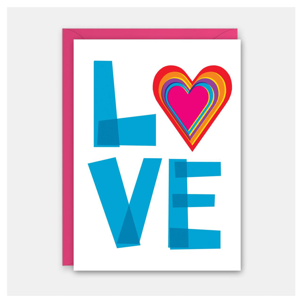 Greeting card with Love spelled out in collaged letters with the "o" made out of multicolored hearts layered on top of each other.