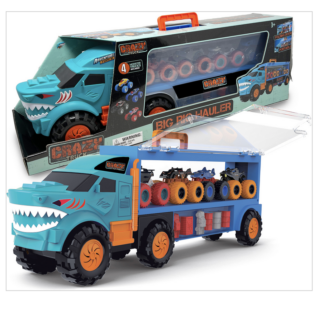 Brightly colored shark themed Big Rig hauler has a pickup handle and 4 sea animal themed die cast cars.