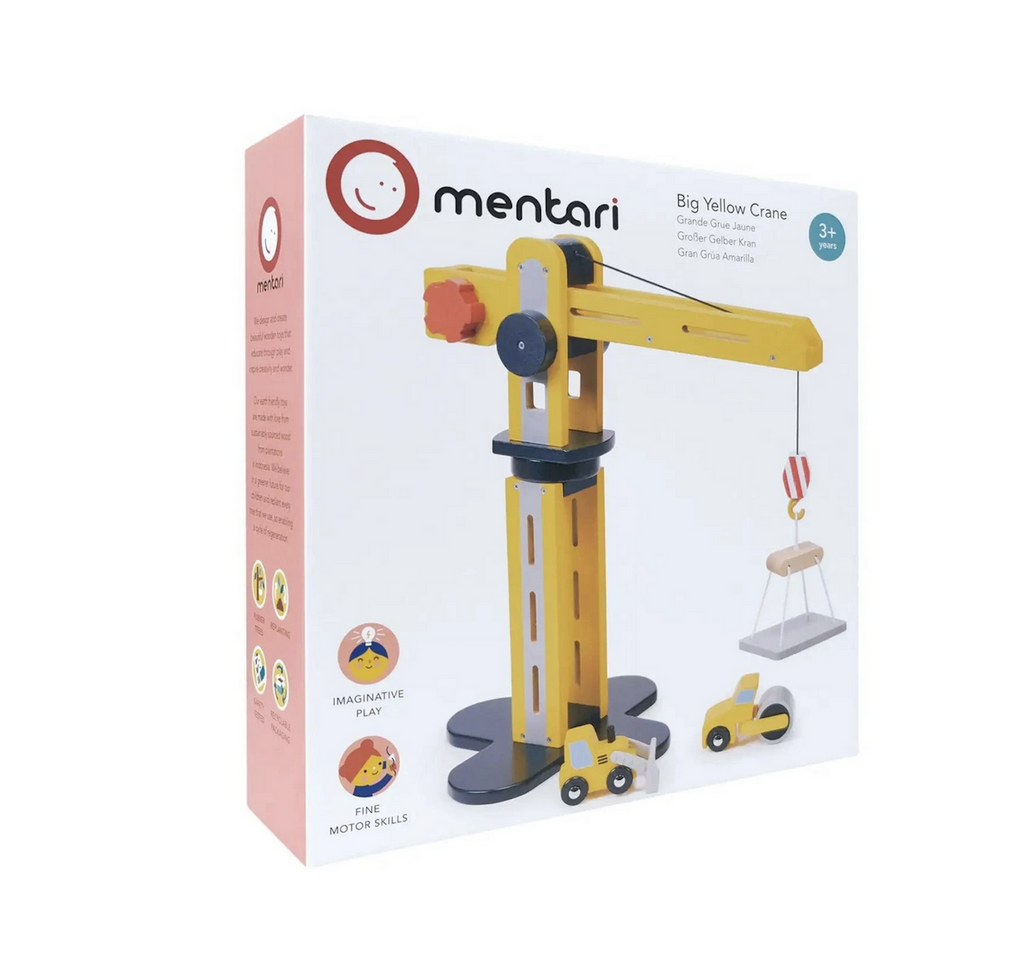 The Big Yellow Crane box with a picture of the wooden crane on the front with two construction vehicles. 