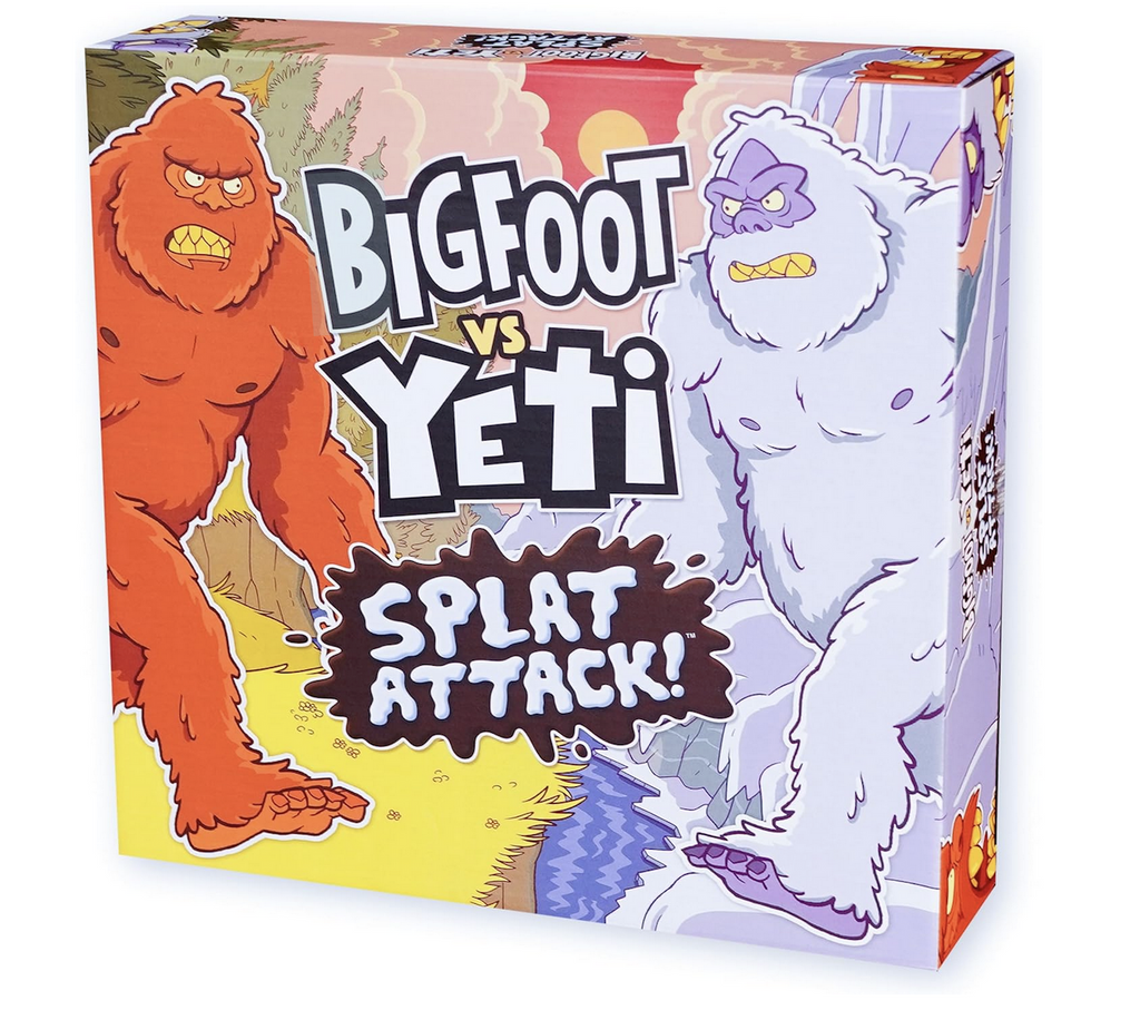 Box cover for Bigfoot vs. Yeti Splat Attack with an illustration of the cryptids headed towards each other for battle. 