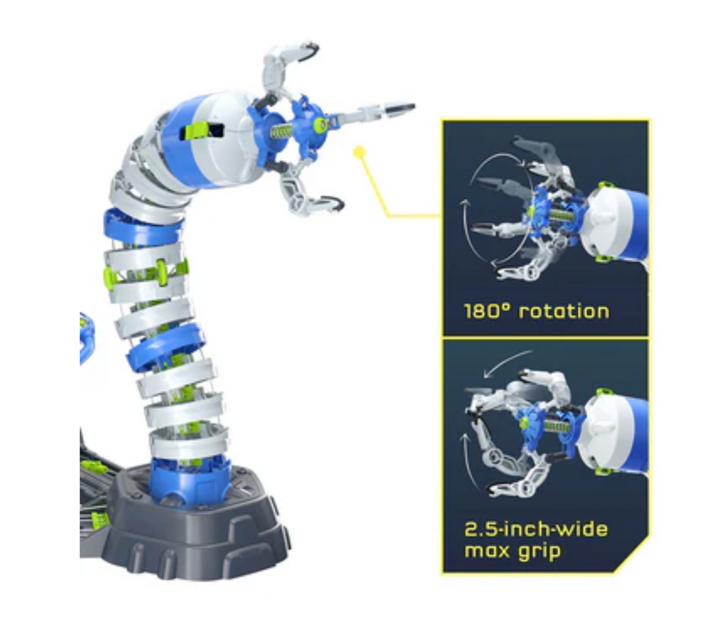 Closeup of robotic arm claw in 180 degree rotation and 2.5 inch wide max grip.