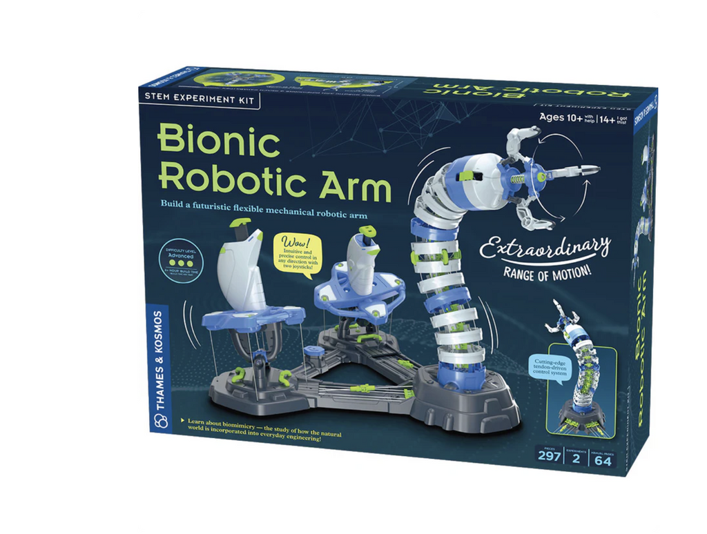 Dark blue Bionic Robotic Arm box showcases the bionic robotic arm in motion next to joystick controllers.