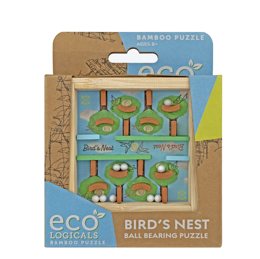 Birds Nest maze puzzle made from ecological bamboo and packaged in an open box. 