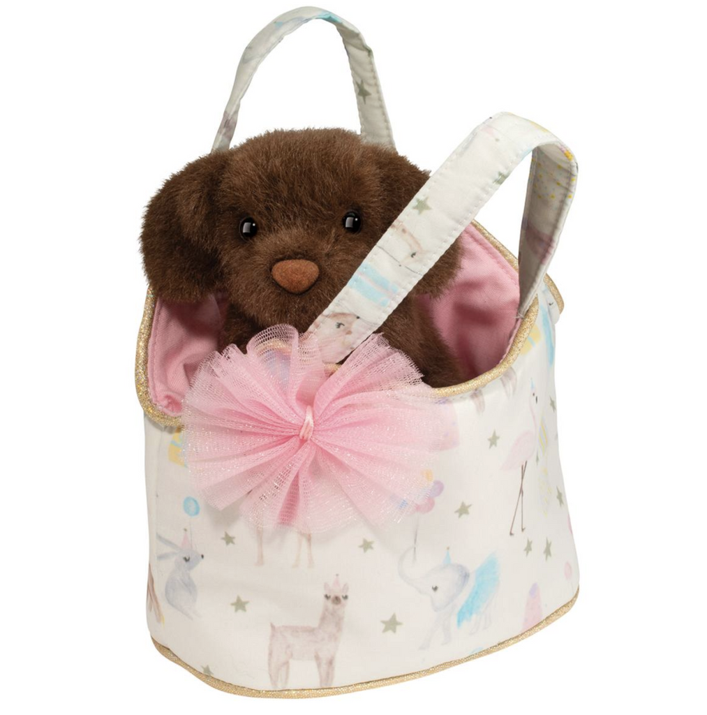 Adorable chocolate lab puppy stuffed animal in a sassy sak with a pink bow. 