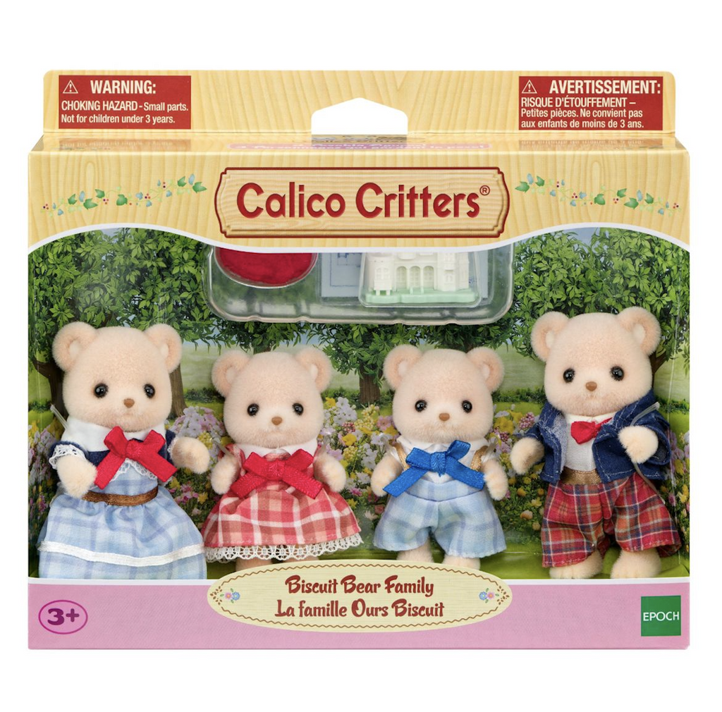 Calico Critters Biscuit Bear Family packaged in a pink and yellow box with a clear window at the front that shows all four of the Biscuit Bears. 