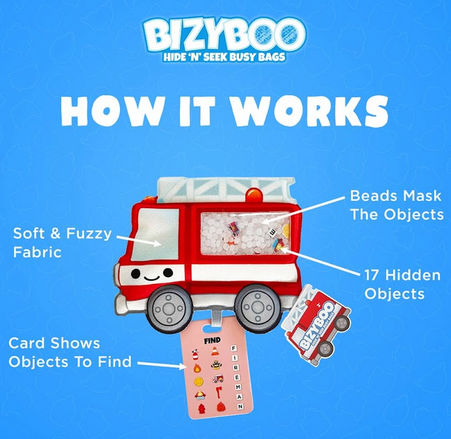Information card explaining how the Bizyboo Hide N Seek bags work.
