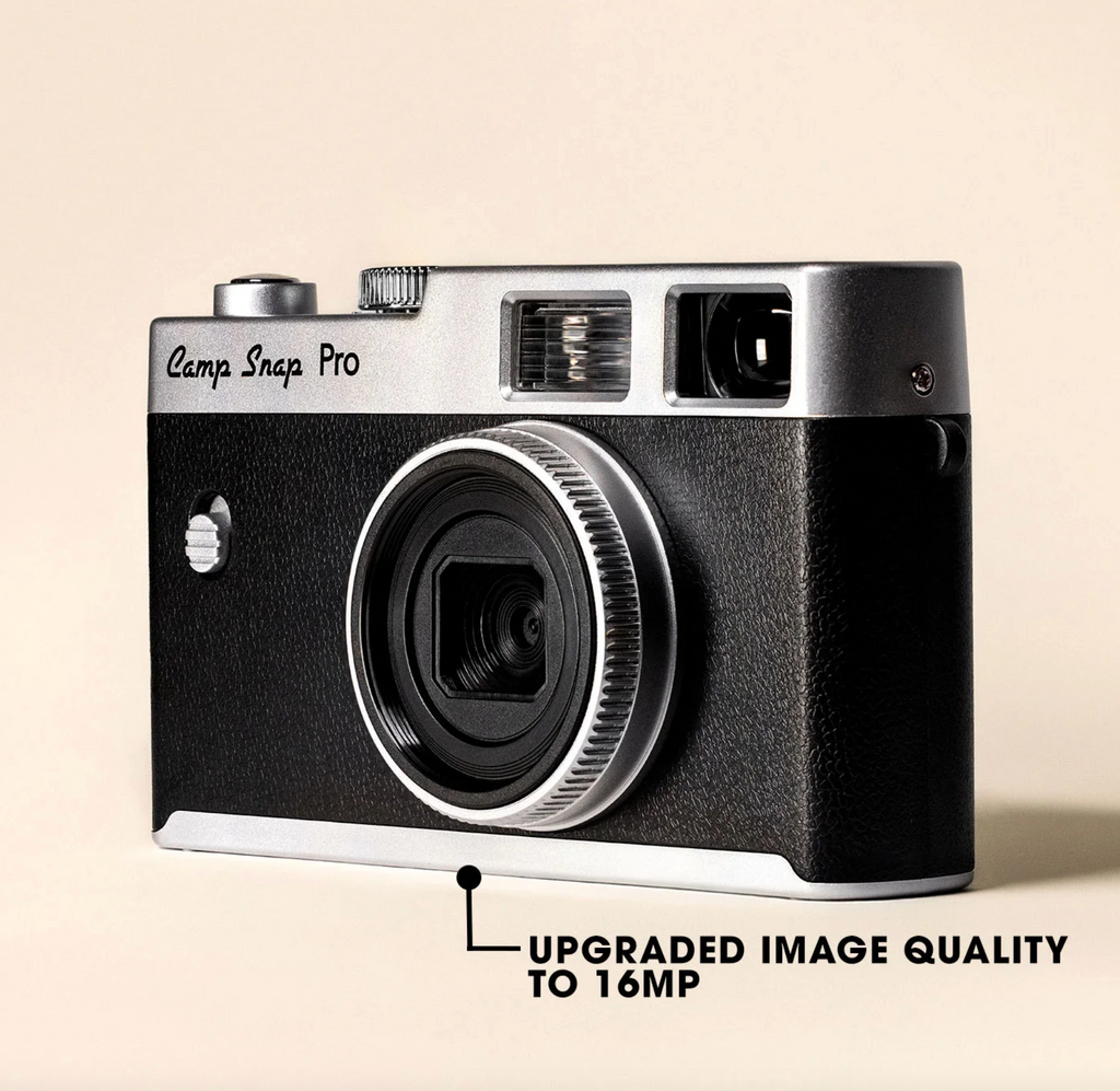 Vintage-style camera with 'Camp Snap Pro' branding on a beige background