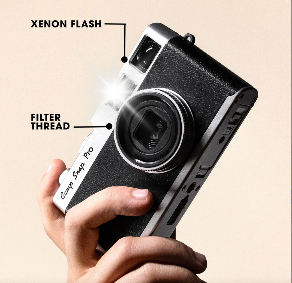 Camera with xenon flash and filter thread labeled, held in a hand against a beige background