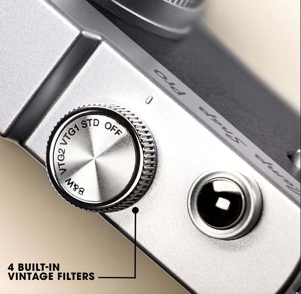 Close-up of a camera lens with vintage filter options labeled.