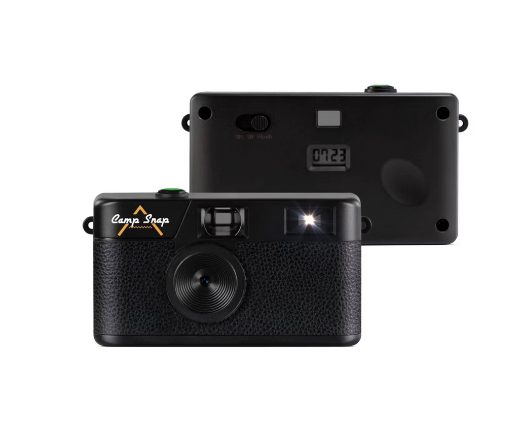 Black camera with 'Camp Snap' branding on a white background