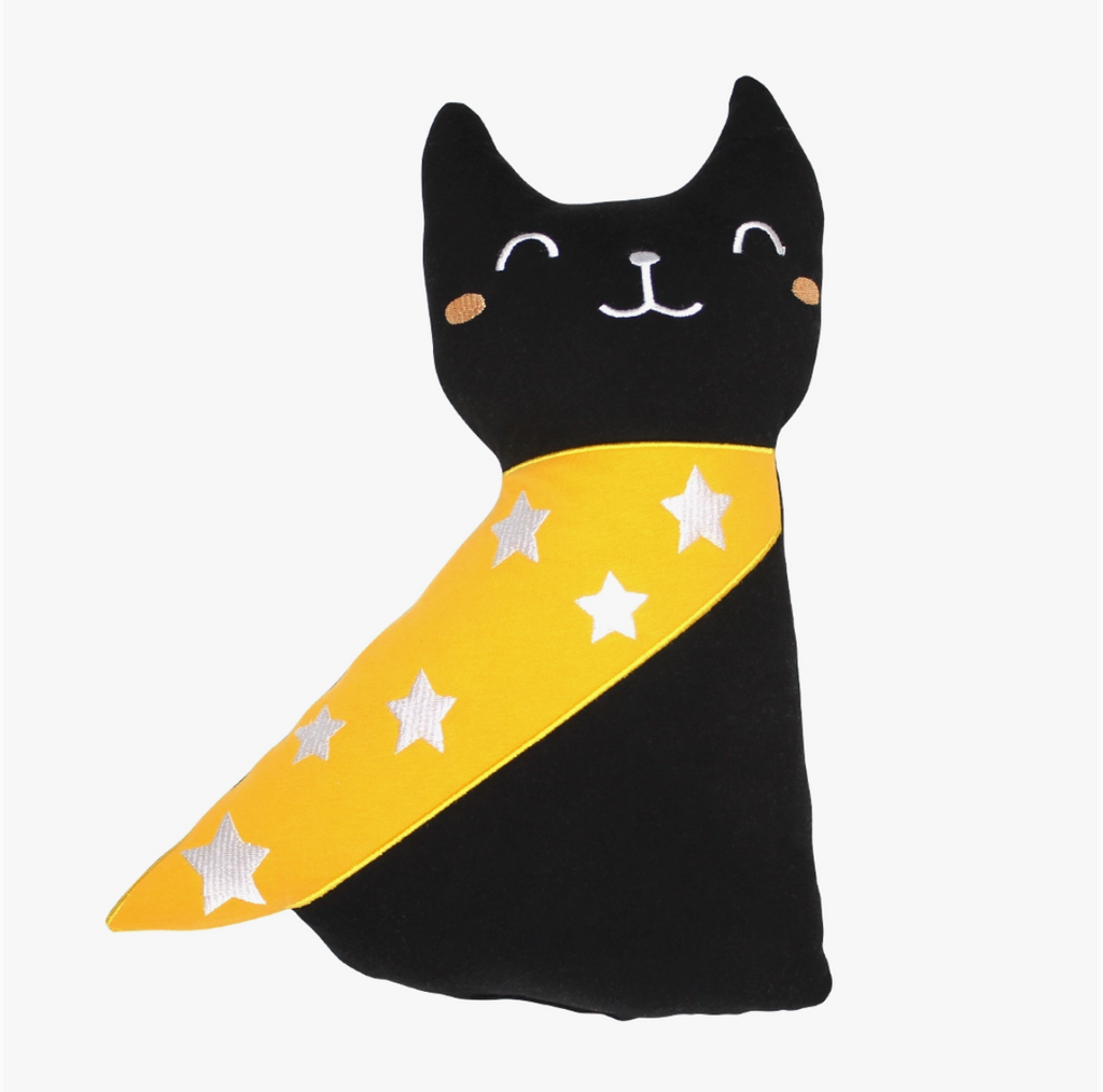 Bamboo Black Cat stuffed animal plush wearing a bright yellow and white stars cape.