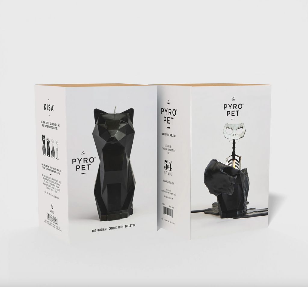 Pyro Pet candle packaging with geometric black cat design on a white background