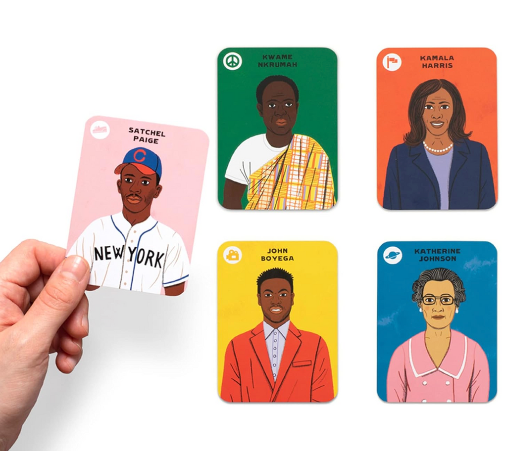 Several cards from the "Black Heroes" card deck featuring colorful illustrations of  inspirational Black figures.