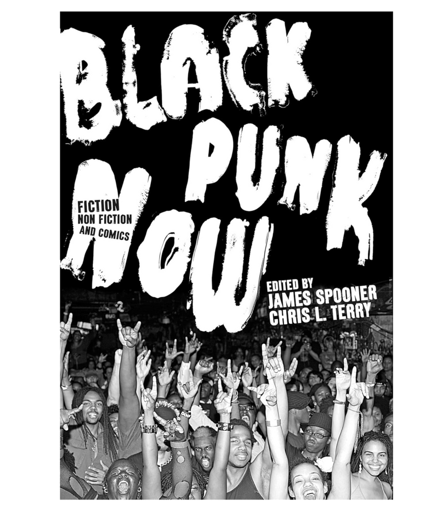 Black and white cover of Black Punk Now with a photograph of a crowd full of people of color at a show with their arms in the air. 