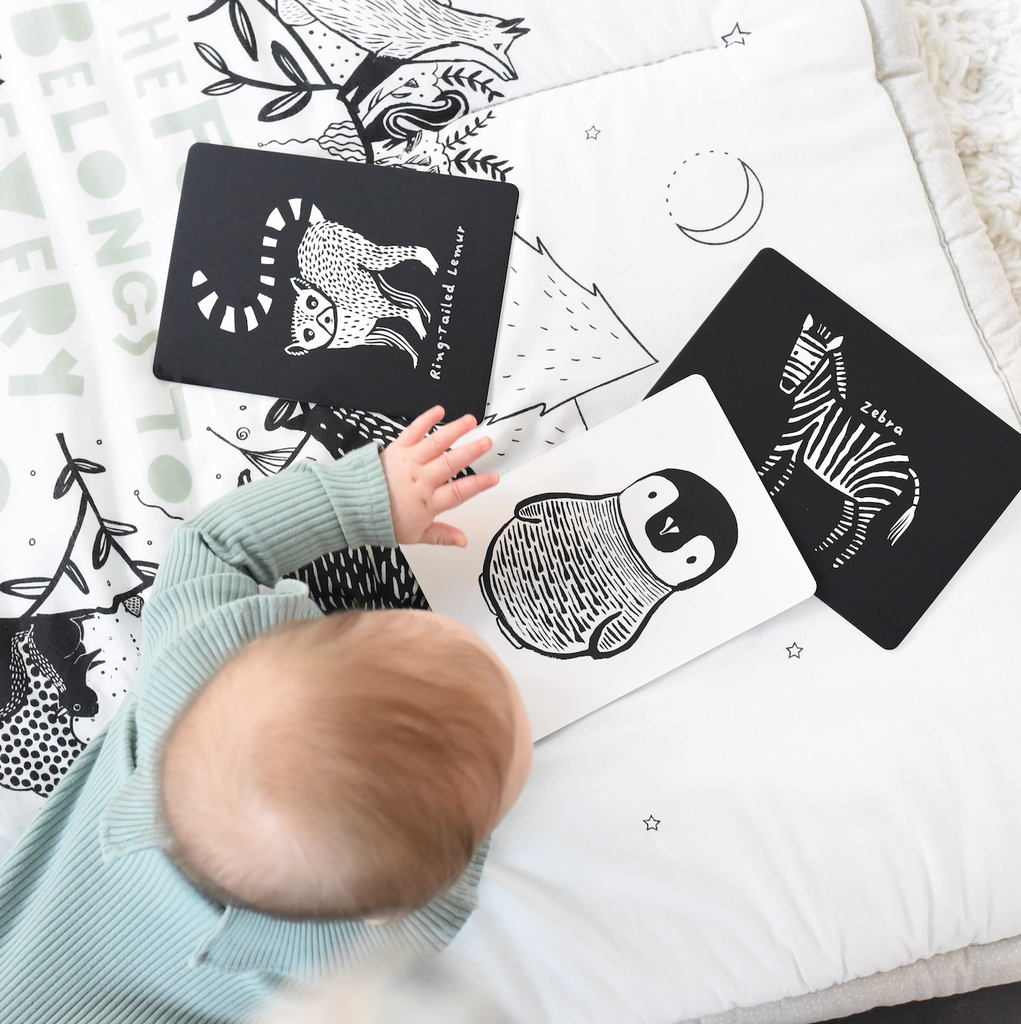 A baby lying on it's stomach playing with the black and white animal-themed art cards. 