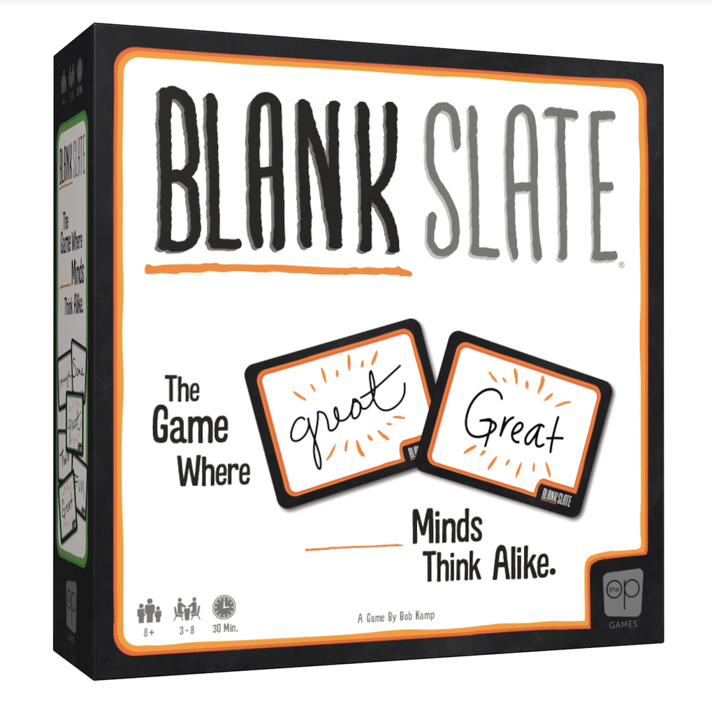 Cover of the Blank Slate board game box showing two dry erase cards with the word "great" written on them to fill in the blank for the sentence:  blank minds think alike. An example of a round of gmaeplay. 