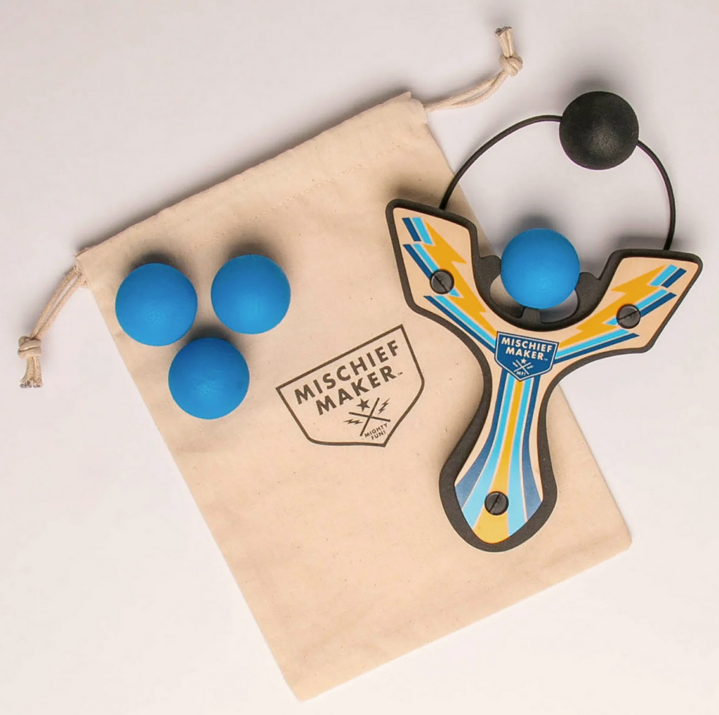 Wooden Mischief Maker Slingshot in blue with fabric carrying bag. 