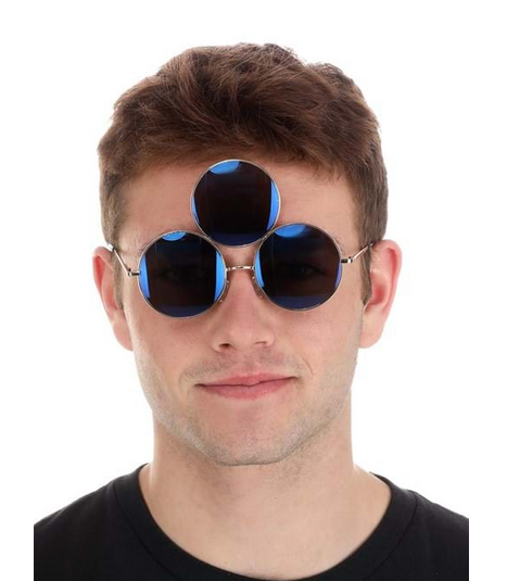 The Blue 3rd Eye Glasses featuring a silver tone wire frame that holds three circular lenses, each with a diameter of 2 inches. They have a smoky blue tint. Pictured here worn by an adult. 