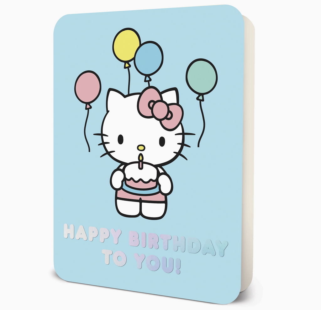 Greeting card cover with illustration of Hello Kitty with a birthday cake and balloons on a blue background. 