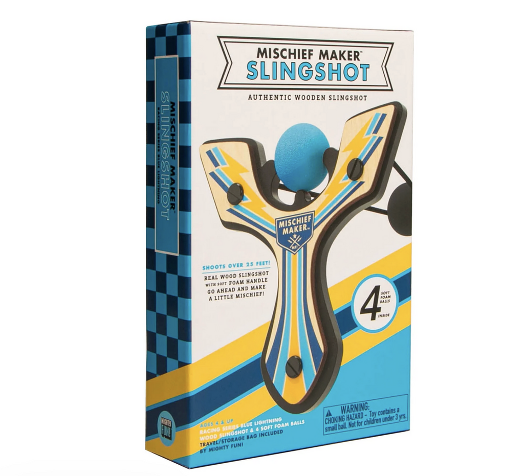 Blue Mischief Maker Slingshot with racing stripes pictured on a box. 