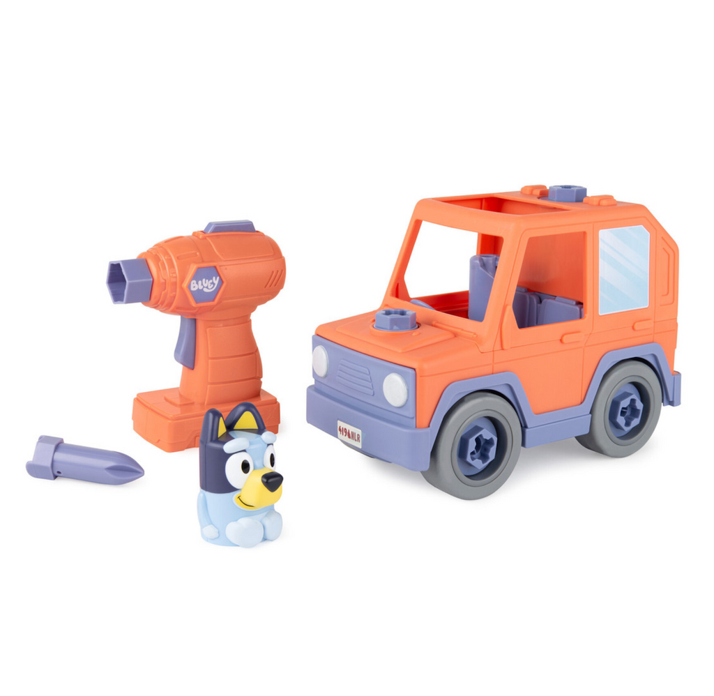 The drill, an extra bit, Bluey figure and the orange and blue car from the Bluey Build A Buddy Motorized Car and Drill set. 
