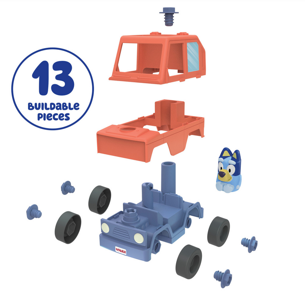 The Bluey Build A Buddy Motorized Car taken apart into the 13 pieces that make up the motorized car. 