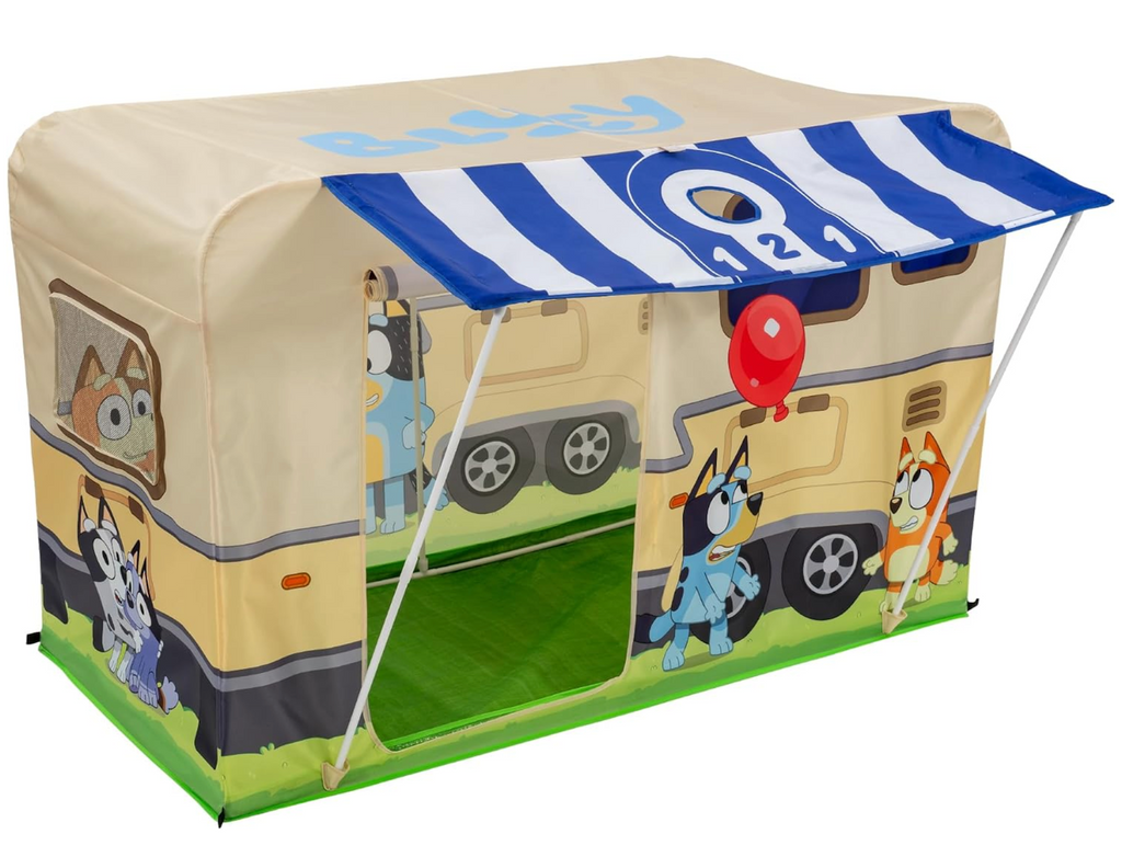 The Bluey Camping Activity Fort set up with the blue and white striped awning set up and colorful graphics of Bluey,  Bingo, and other characters printed on the tent. 