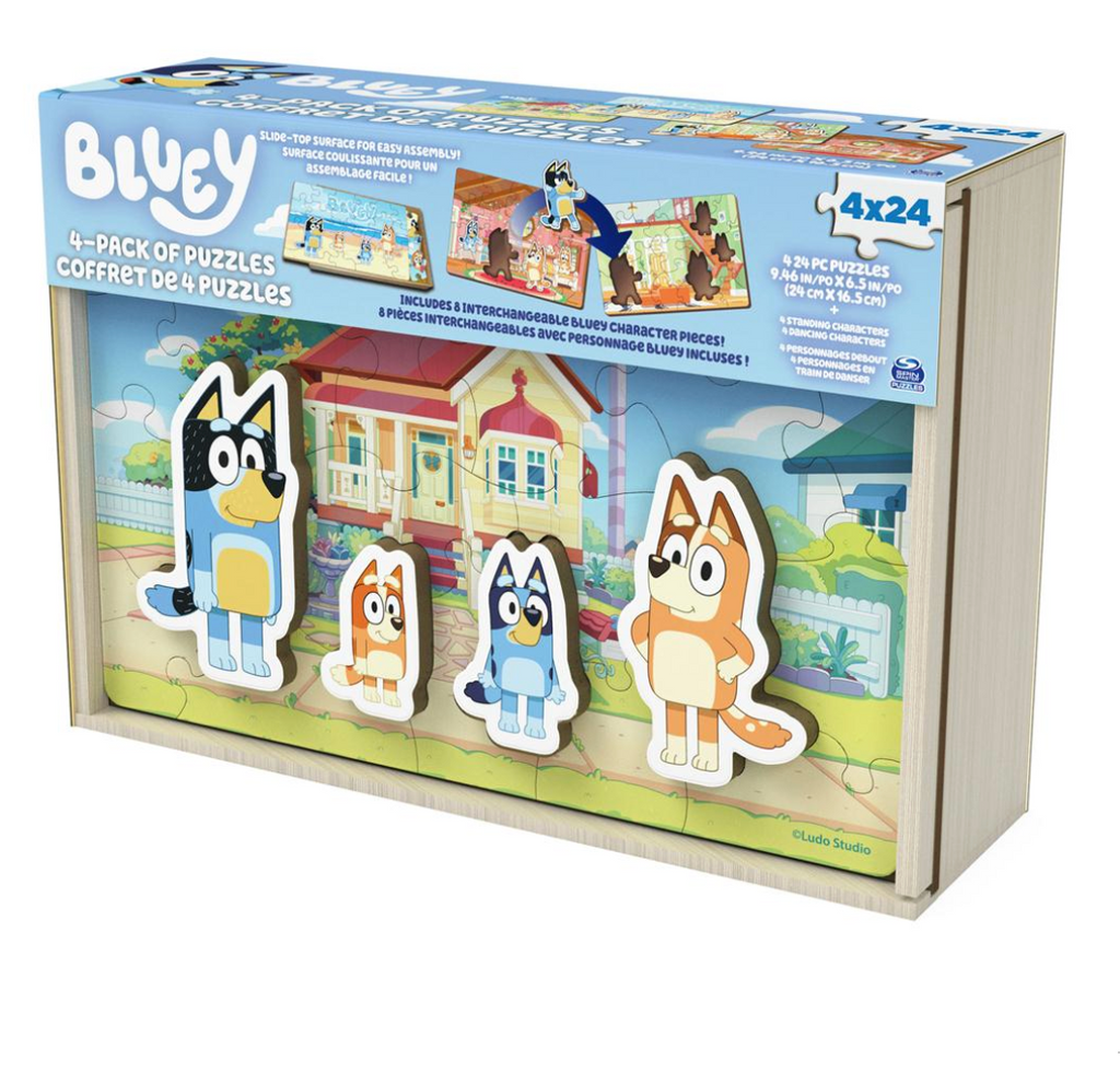 Wooden box of 4 24 piece Bluey wooden puzzles with wooden figures of Bluey's family in the front of the box..