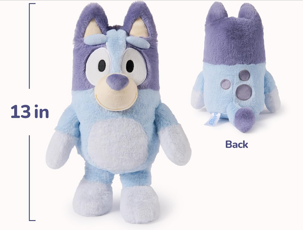 Bluey the dog plush toy pictured facing front and standing with a measurement of 13 inches, and a back view that shows her characteristic spots on her her back. 