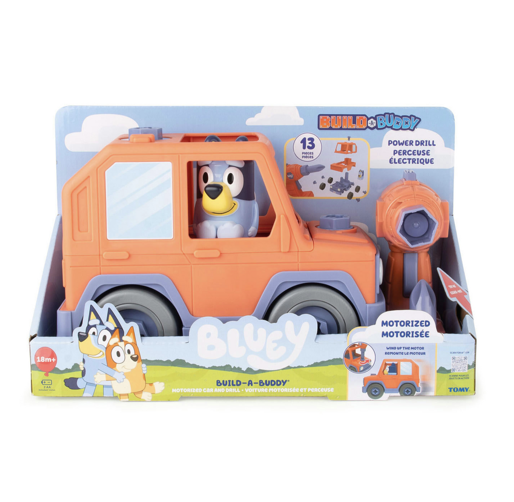 The Bluey Build A Buddy Motorized Car and Drill packaged in an open box that clearly shows all the pieces including the Bluey figure riding in the car. 