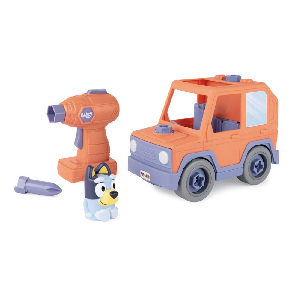 Blue and orange car with matching drill and bit, along with a Bluey figure that is ready to ride. 