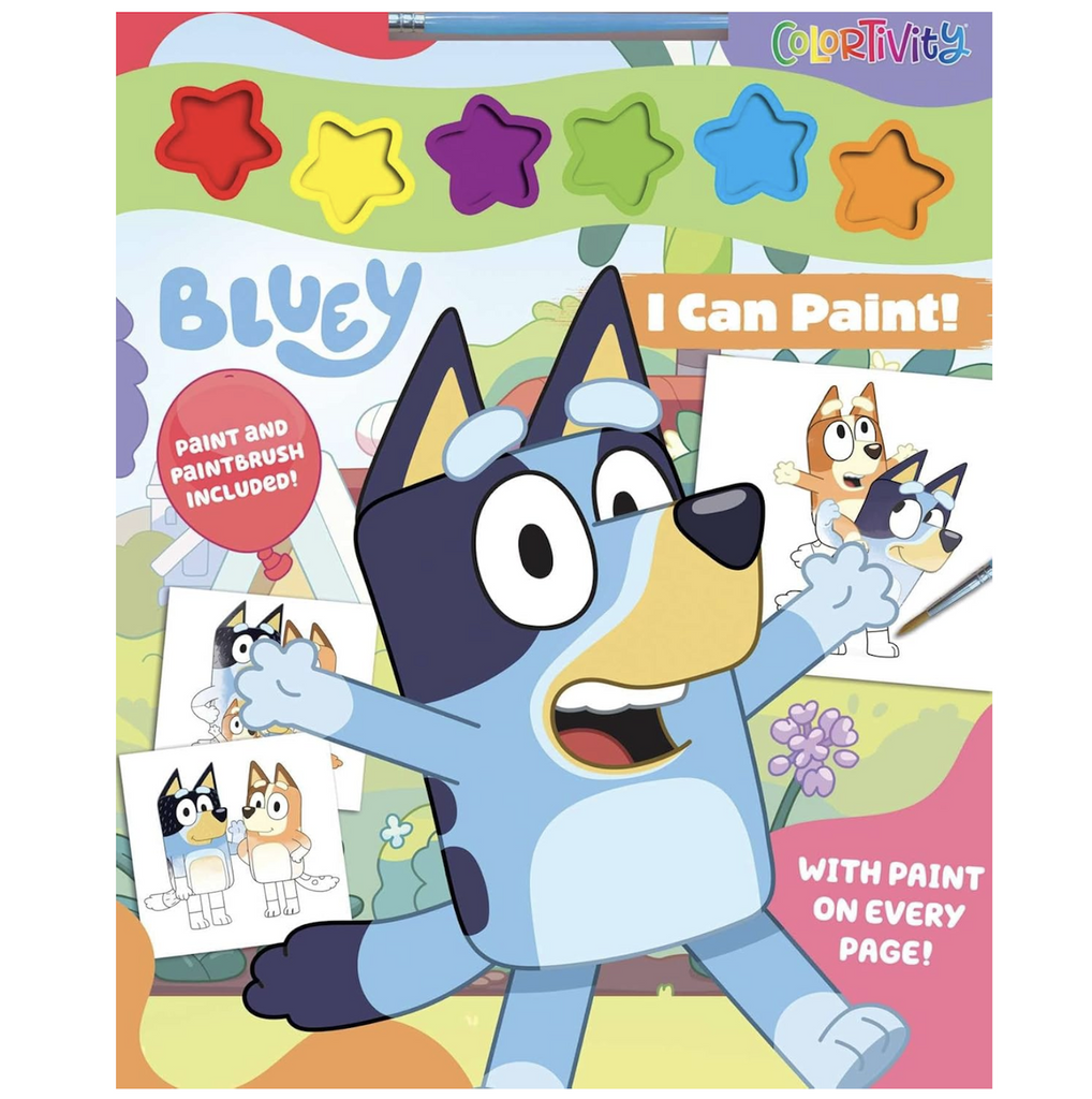 Colorful cover of Bluey I Can Paint! activity book with illustrations of Bluey and examples of the pages inside to be painted. 