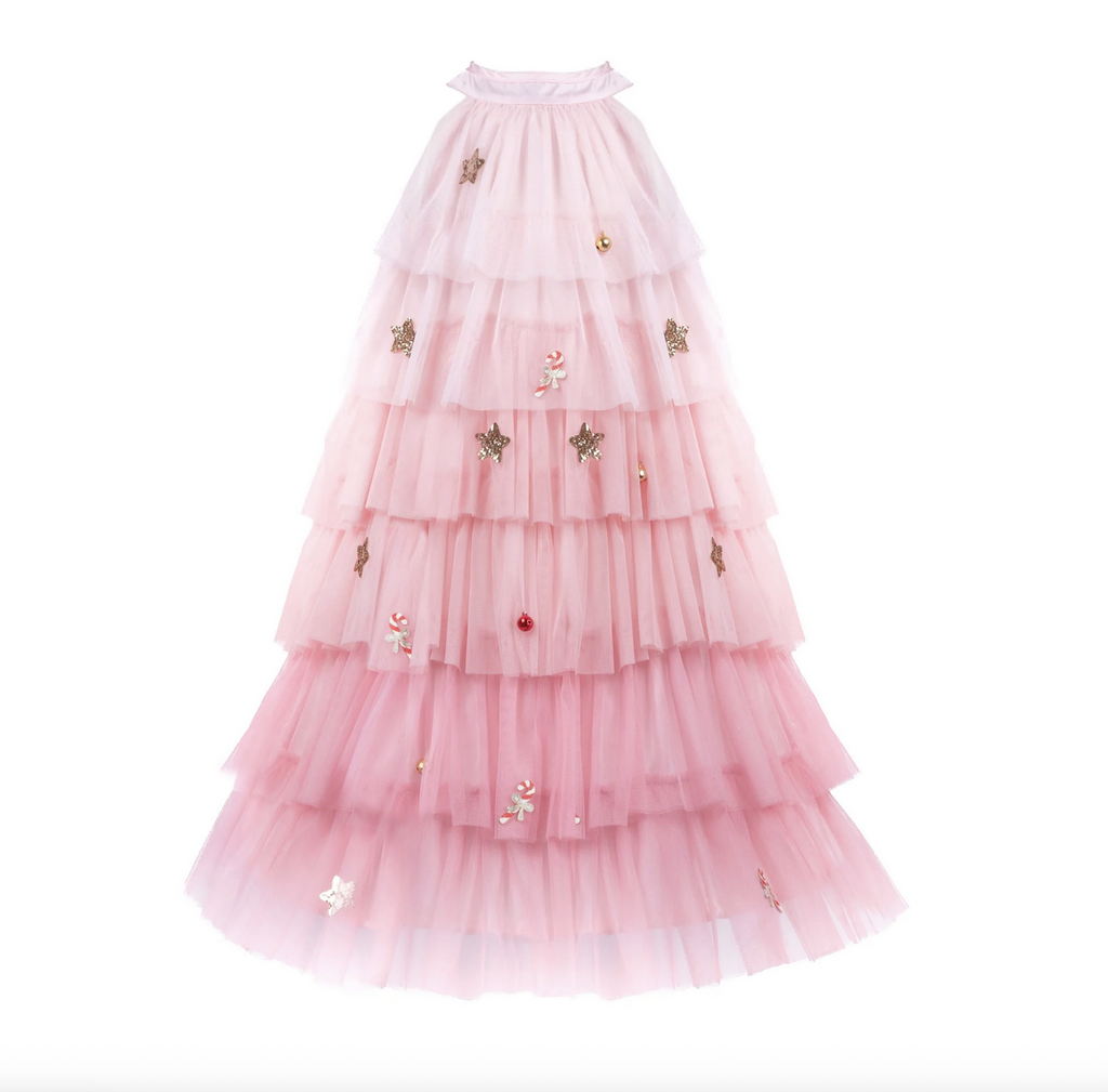 The Blush Christmas Tree Dress  tree-inspired dress, with layers of blush pink ombré tulle that flow from soft rose to deeper pink tones, forming a graceful tree-like silhouette. Adorned with mini ornaments, candy canes, and glittery stars. A structured hoop skirt gives the dress volume for extra twirl power. 