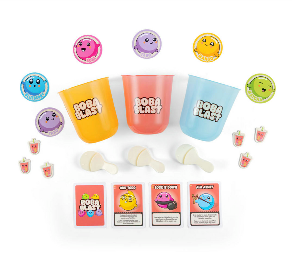 Everything that is included in Boba Blast game like flippers, colorful character disks, cups to catch them and cards with  special powers to make the path to winning more exciting. 