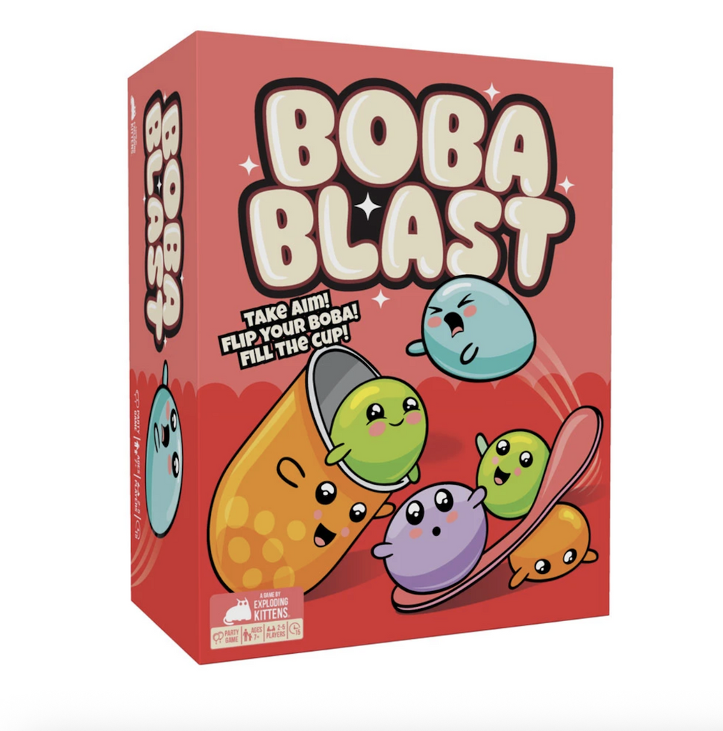 Box cover for Boba Blast with cheerfully animated boba characters being launched into the cup. 