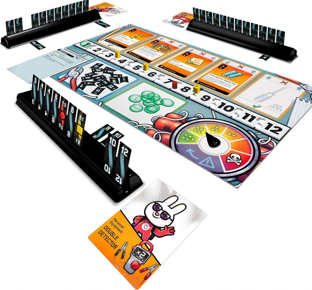 The Bomb Busters game board and other components of the game set up and ready to be played. 