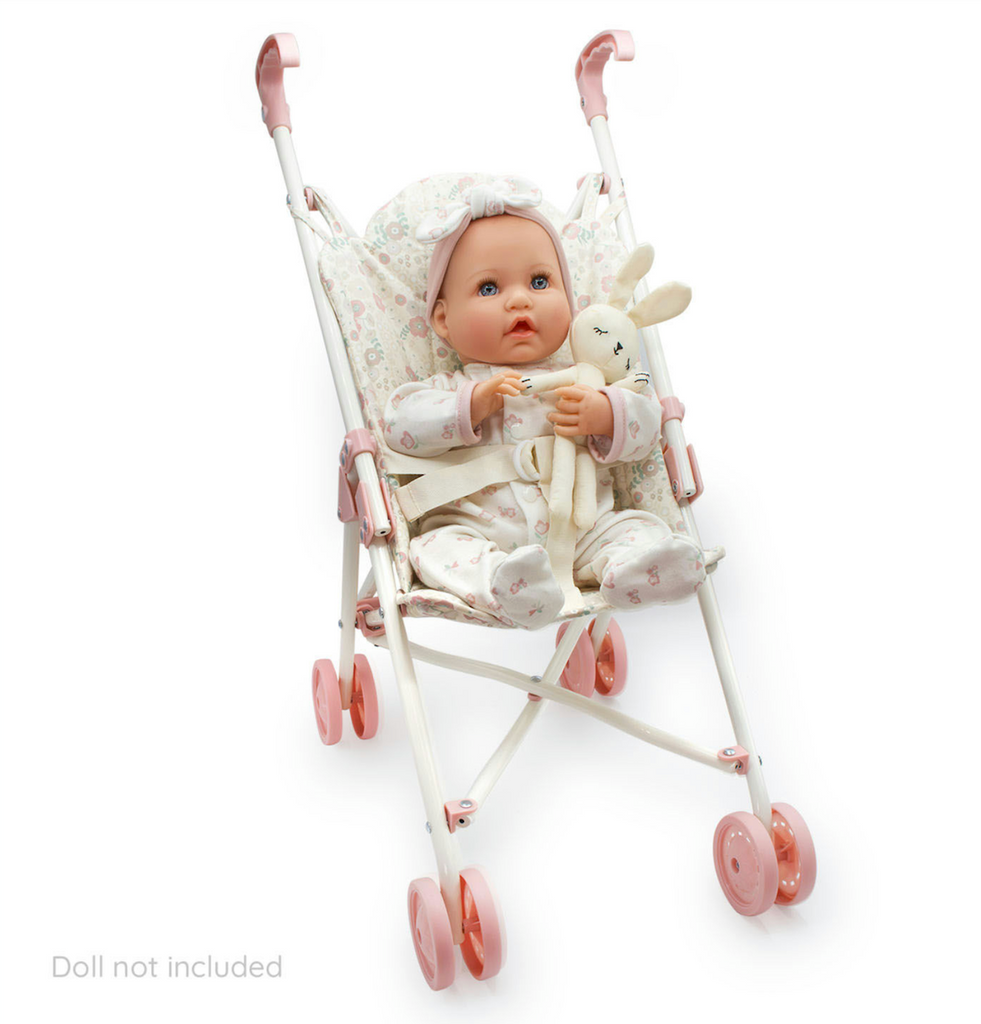 Bonbebe Baby Doll Umbrella Stroller unfolded with a cute baby doll strapped in a ready to be taken on an adventure. 