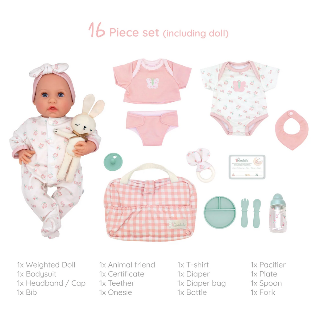 The 16 piece set featuring a weighted 15.5" doll, clothing (onesie, t-shirt, bodysuit), bib and headband, diaper and diaper bag, bottle and pacifier, plate, spoon and fork, plush bunny, teether and certificate, all included in the Bonbebe Baby Doll with Real Heartbeat Gift Set. 