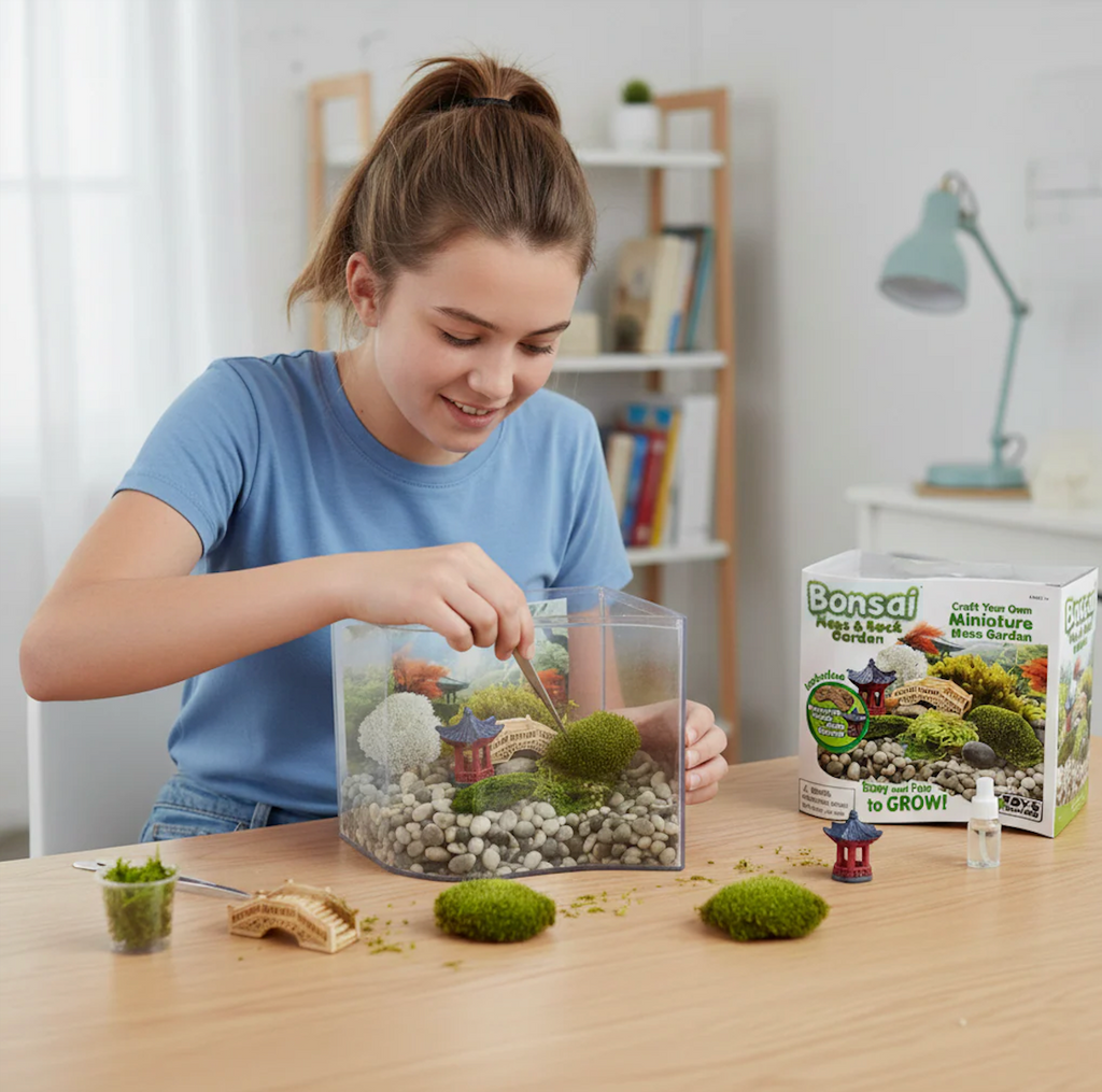 A young lady assembling the Bonsai Moss & Rock garden by placing some moss and lichen in the wave shaped terrarium along with the mini pergola and decorative bridge. 