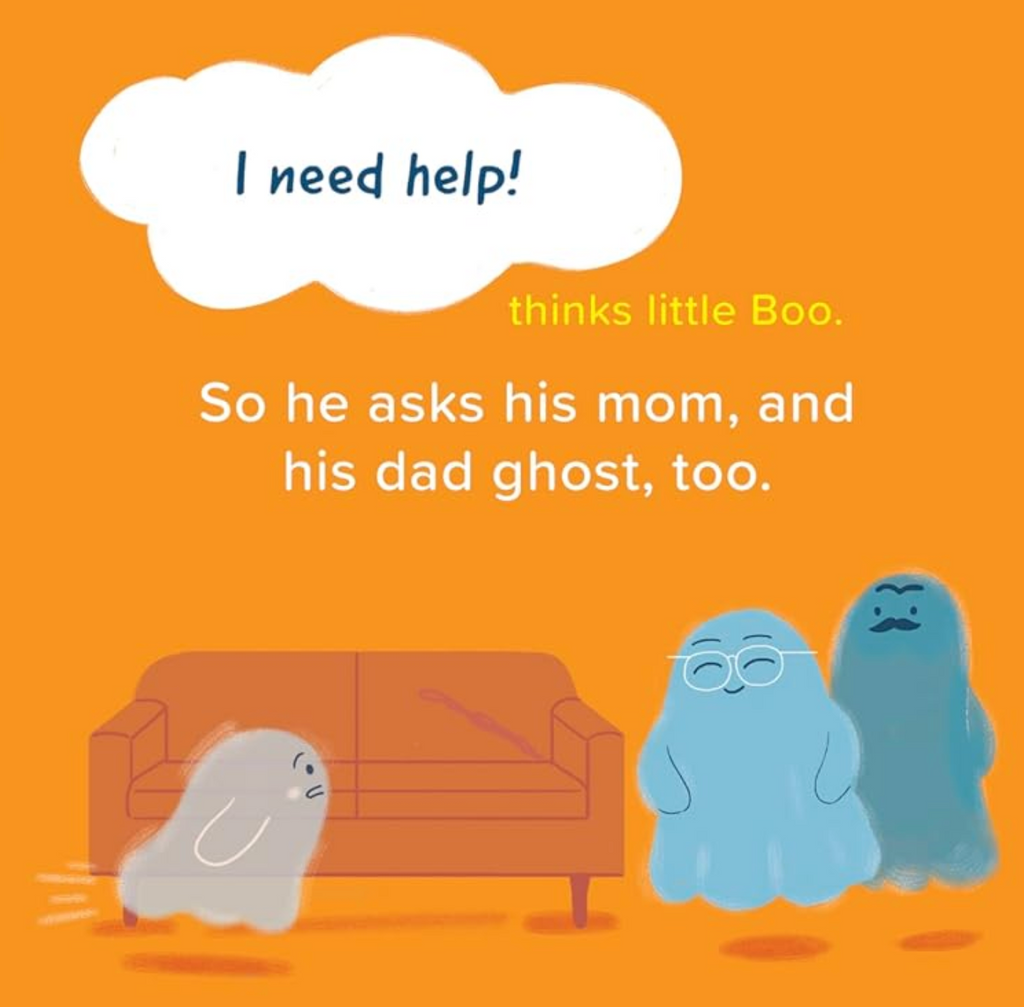 Interior page from "Boo Can't Poo" showing Boo the little ghost coming to his parents to ask for help because "Boo Can't Poo!" 